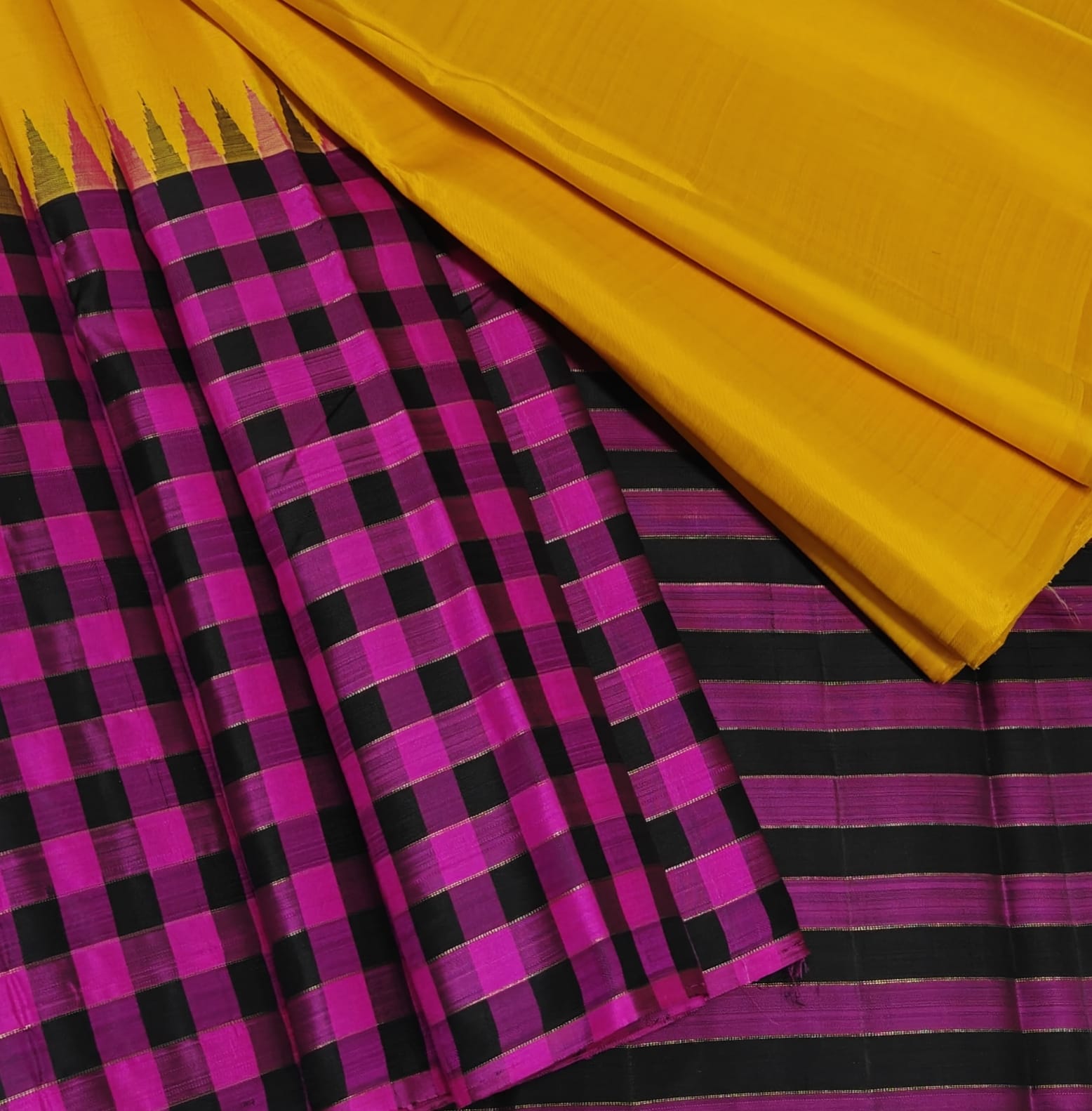 Yellow & Black Border Checked Silk Saree